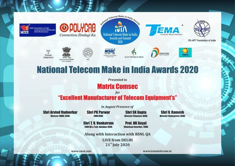 Matrix Wins ‘National Telecom Make in India Awards 2020’ by CMAI Association of India