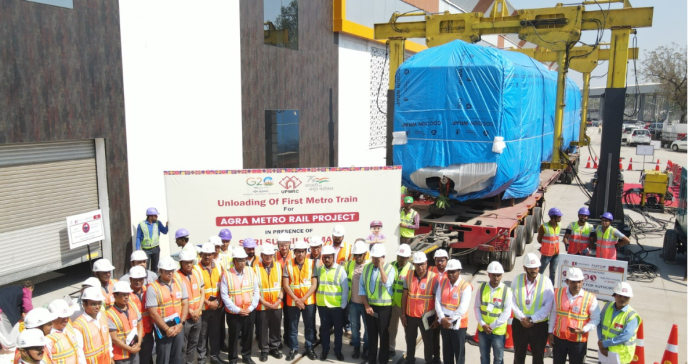 Unloading of first Metro Train for Agra Metro Rail Project