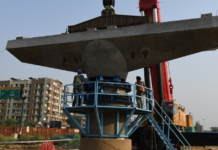 First Pier Cap for Elevated Corridor-I Launched Near Mithapur Metro Station The launch of a 70-ton precast Pier Cap