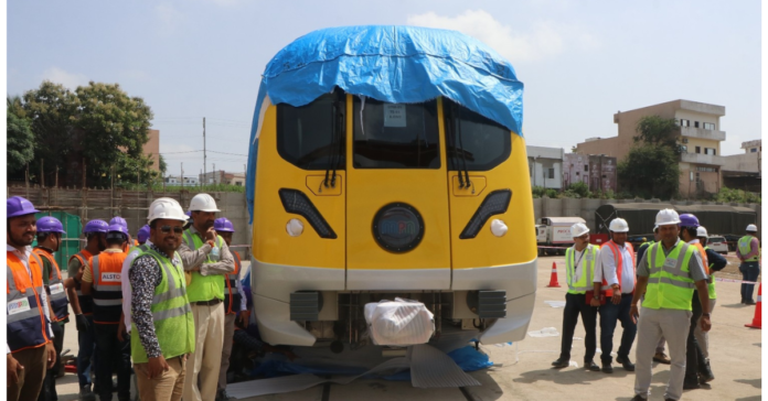 The first trainset for Bhopal–Indore metro projects built by Alstom being unloaded at the Indore Depot