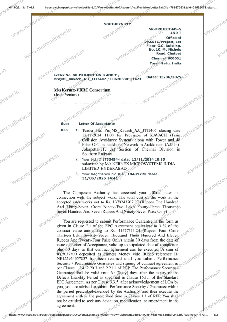KERNEX-VRRC JV Receives LoA for Kavach Contracts worth Rs 311 Cr from Southern Railways 2 Artboard 1@4x 2 1