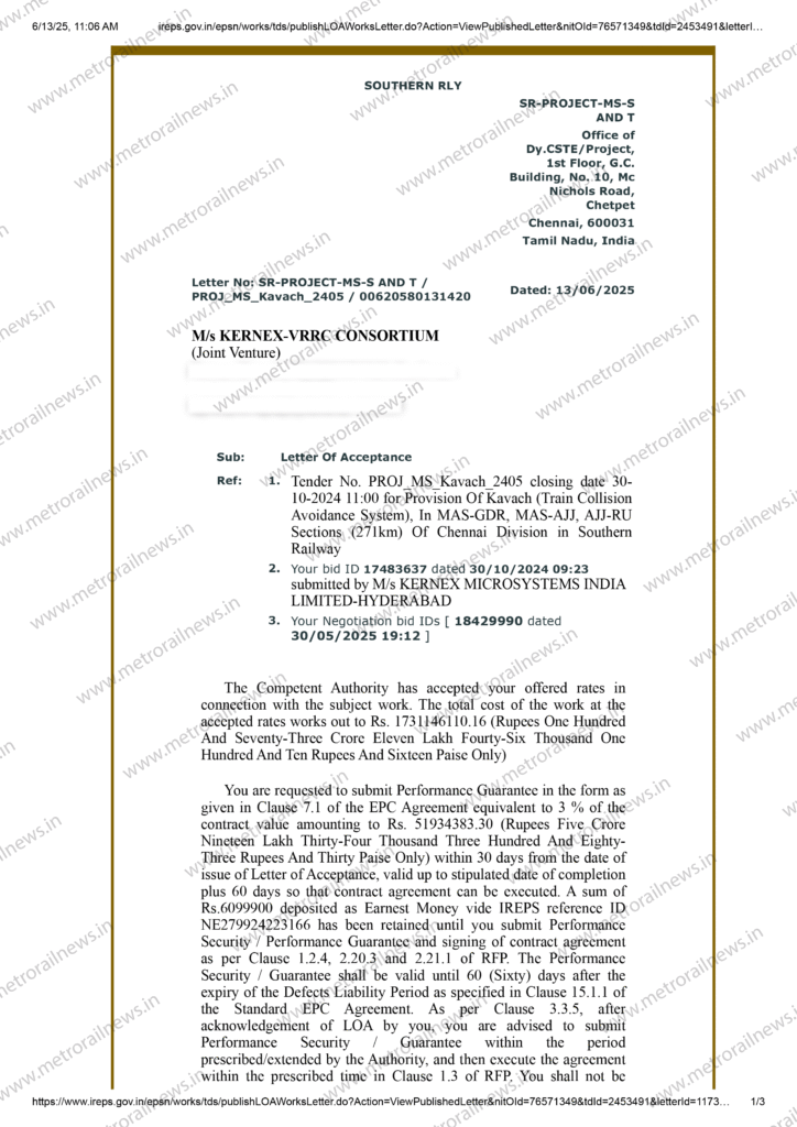 KERNEX-VRRC JV Receives LoA for Kavach Contracts worth Rs 311 Cr from Southern Railways 1 MAS