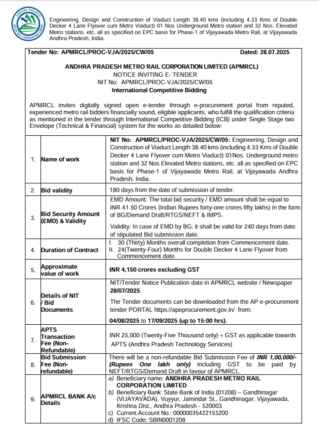 APMRCL Issues Bids for ₹4150 Cr Civil Contract of Vijayawada Metro Project 1 Screenshot 2025 07 28 155828