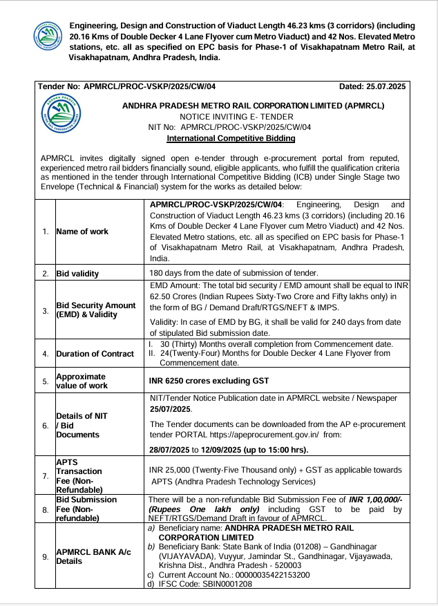 APMRCL Floats ₹6250 Cr Civil Work Tender of Visakhapatnam Metro Project 1 Screenshot 2025 07 28 155952 1