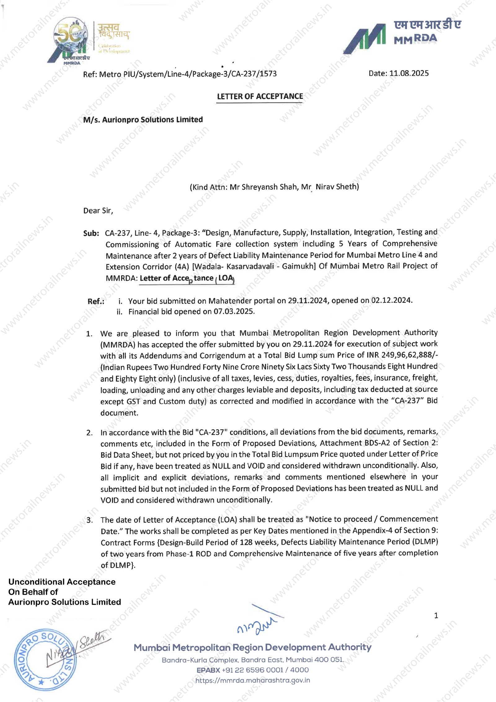 Aurionpro Solutions Receives LoA for AFC Contract of Mumbai Metro Line 4 1 LOA CA 237 copy