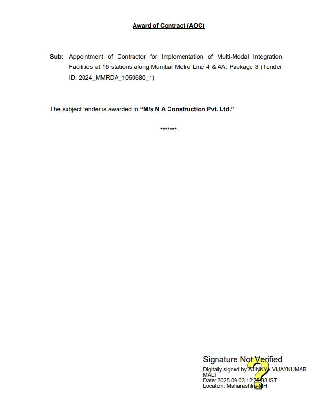 Mumbai Metro: NA Construction Gets LoA for Multimodal Integration Works on Line 4 & 4A 1 Screenshot 2025 09 05 143711
