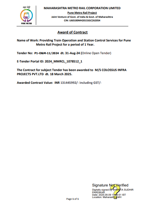 Colossus Infra Projects to Provide Train Operation for Pune Metro 1 Screenshot 2025 09 12 115919