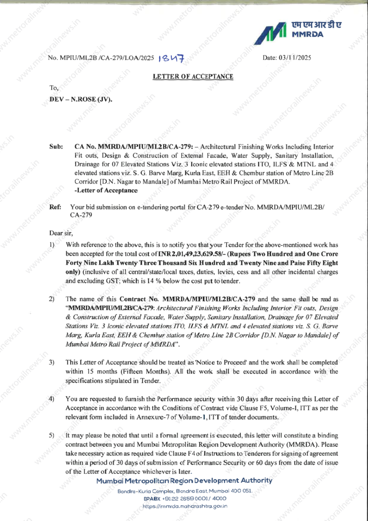 Dev- N.ROSE (JV) Bags Architectural Finishing Works Contract of Mumbai Metro Line 2B 1 CA279LOA@4x1