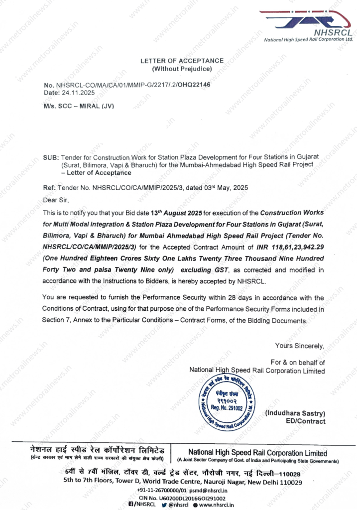 SCC - MIRAL JV Bags Multi Modal Integration works Contract for Bullet Train Corridor 1 LOA 4@4x 1