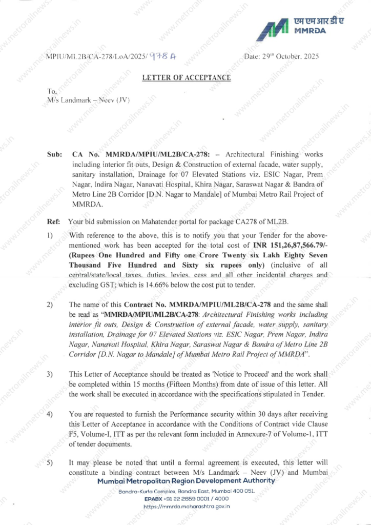 Landmark Corporation Receives LoA for Architectural Finishing Works Contract of Mumbai Metro Line 2B 1 image 21