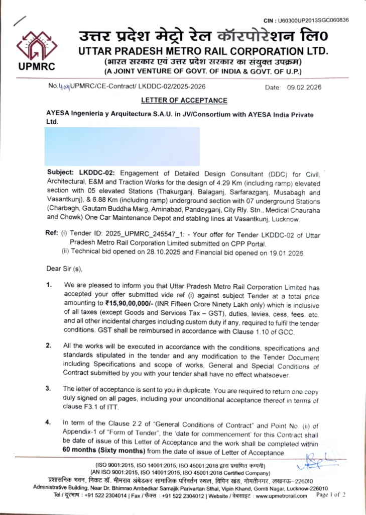 AYESA Ingenieria Received LoA for DDC Contract of Lucknow Metro Phase 1B 2 LOAofLKDDC02.pdf