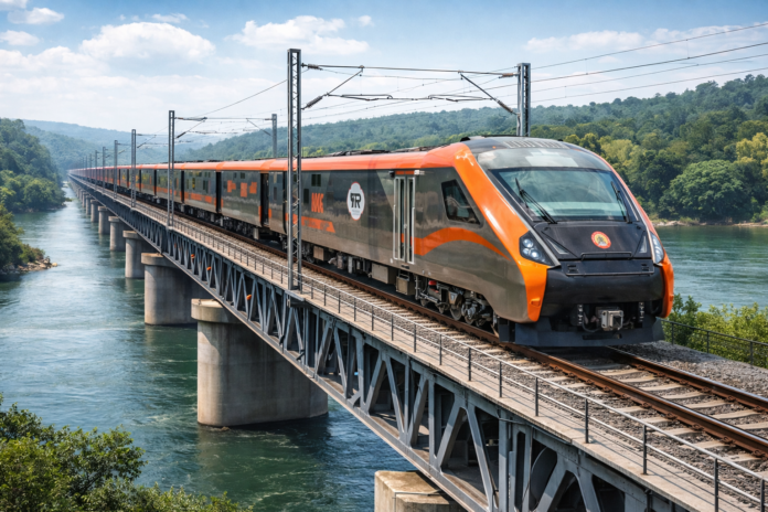Vande Bharat crossing the steel bridge Vande Bharat Freight Train for Railways- Representational Image