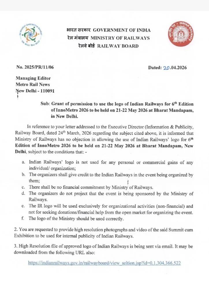 InnoMetro 2026 receives official support from Indian Railways, Ministry of Railways, Government of India 2 WhatsApp Image 2026 04 20 at 4.40.13 PM